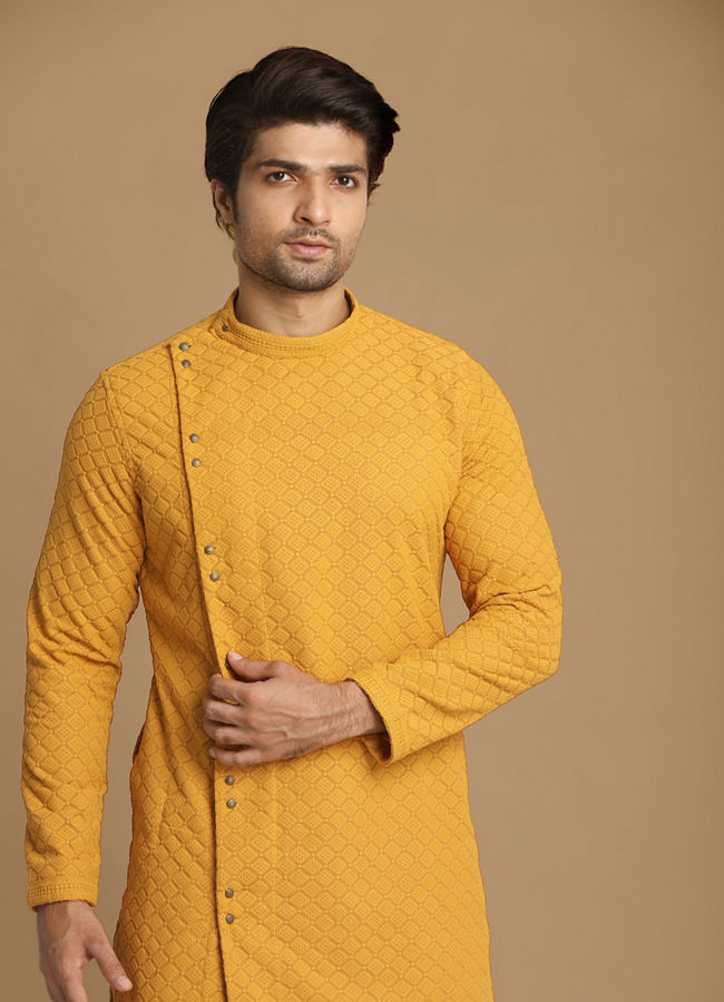 Mustard Side Open Kurta With Chikankari Work image number 0